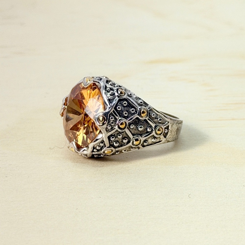 Vintage Bali Topaz Citrine Amber CZ Ring 18K GE Regal Statement Piece Size 7.5
